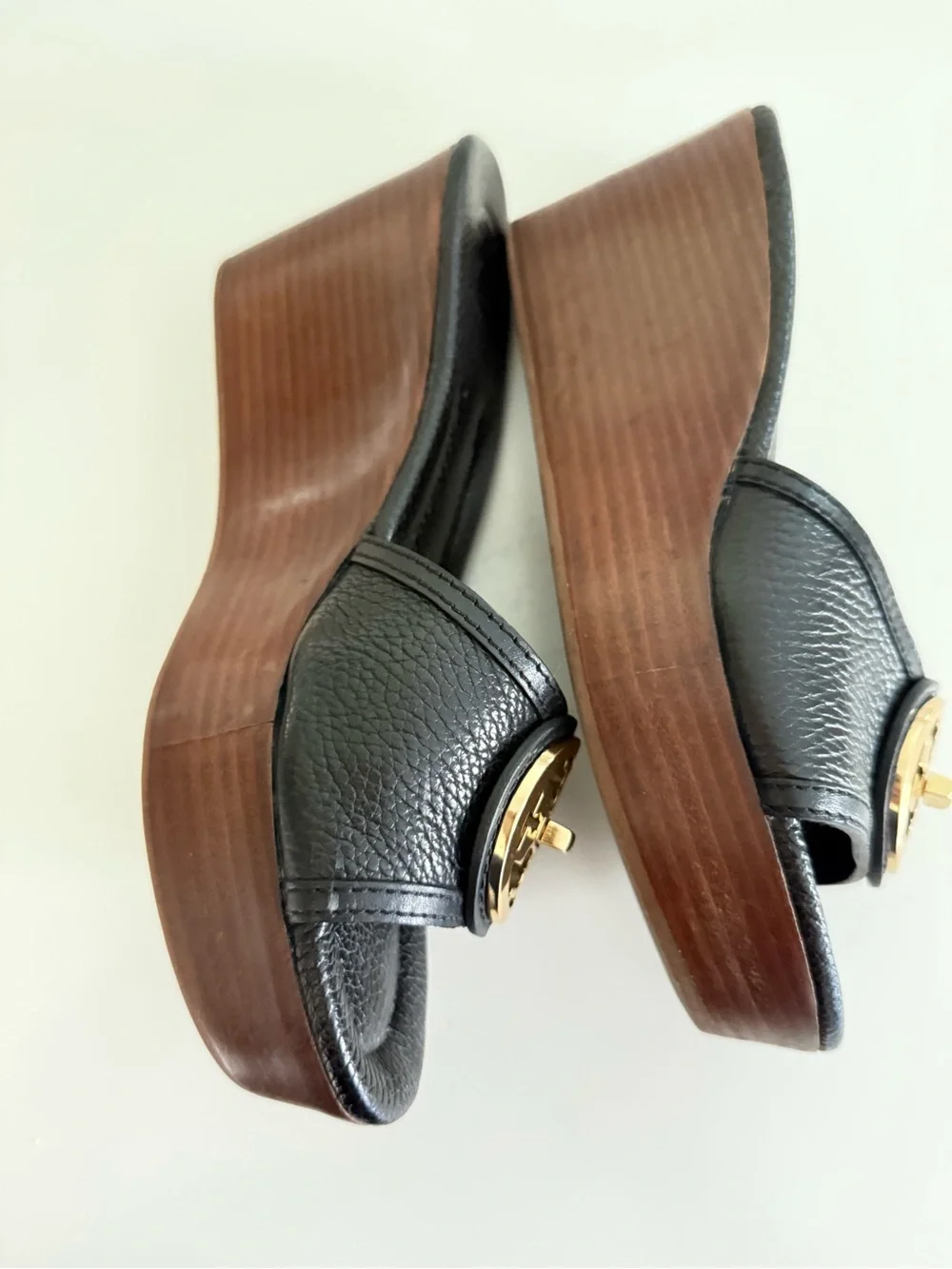 Tory Burch Black Leather Wedge Sandals with Gold Logo